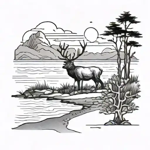 A Serene Beach Landscape With A Lone Stag Walking Along The Shore