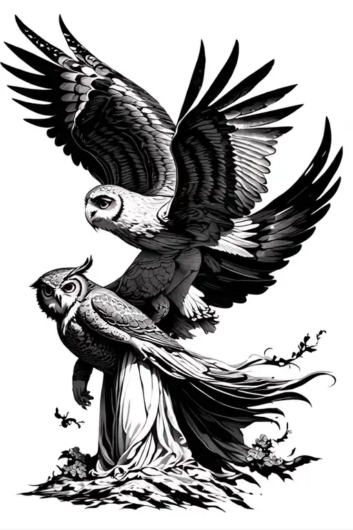 Greek Goddess Athenea With Owl Flying