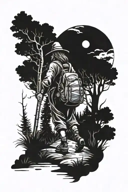 A Witch With A Backpack And Cane Walking Along A Dark Path That Leads To A Pine Mountain