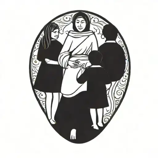 Faceless Mother Carrying Two Children Walking