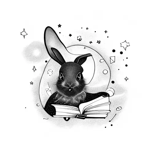 A Mysterious Black Rabbit Reading A Book In A Galaxy Filled With Stars