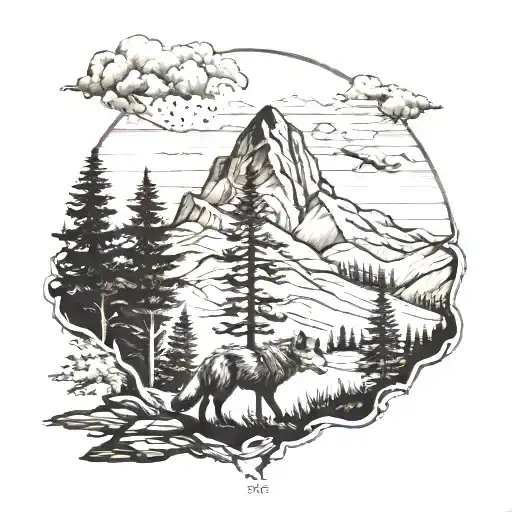 Realistic Tattoo With Mountains In Bacground With Trees In Foothills And Wolf Chasing Its Tail