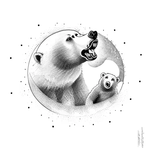 Mama Bear And Baby Bear Looking Up At Moon