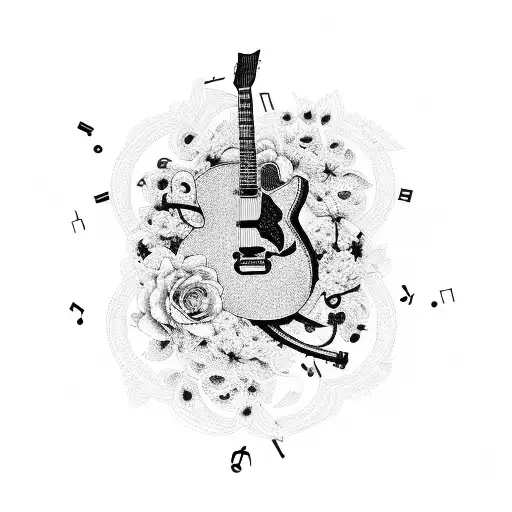 A Guitar Made Of Flowers With Musical Notes Floating Around It