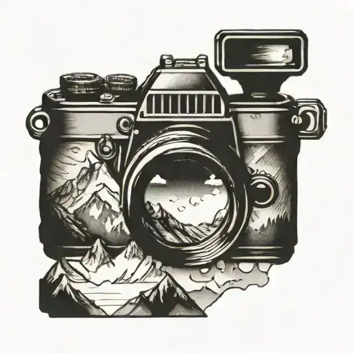 Double Exposure Tattoo Of A Camera And A Mountain Range