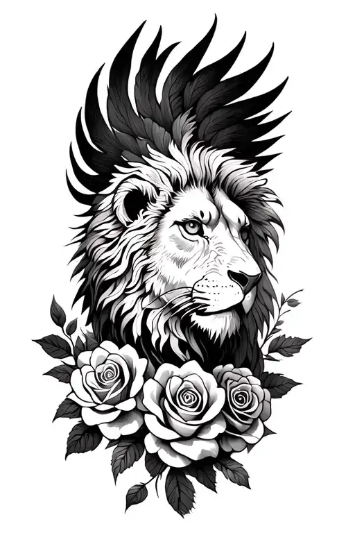 Lion Head Phoenix Tattoo With Roses