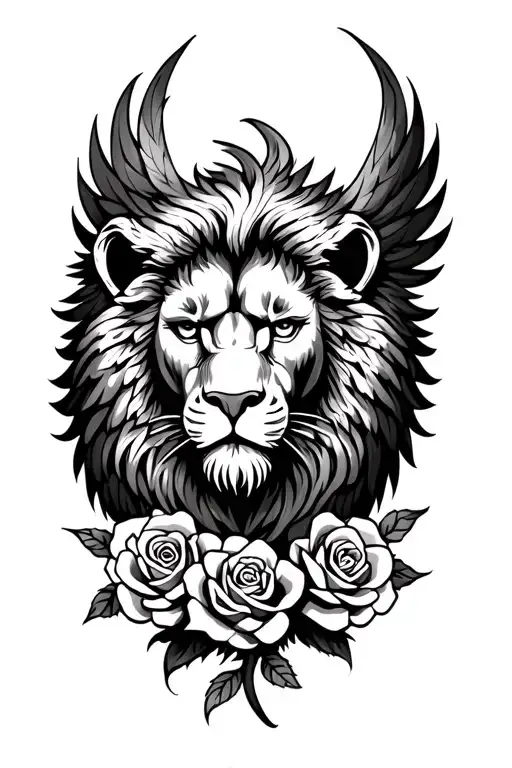 Lion Head Phoenix Tattoo With Roses