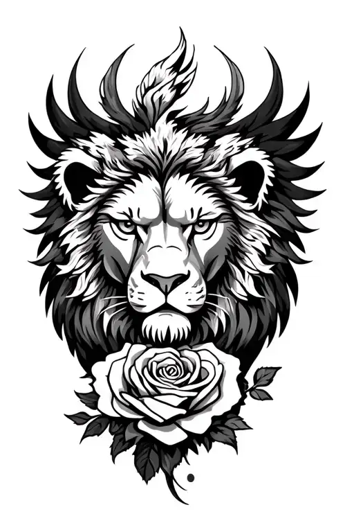 Lion Head Phoenix Tattoo With Roses