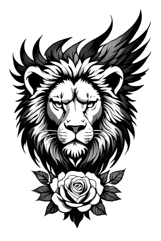 Lion Head Phoenix Tattoo With Roses