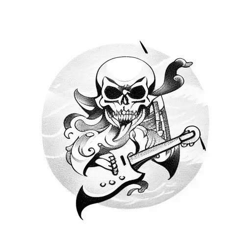 A Tattoo Of A Video Game Character Playing A Guitar On A Pirate Ship In The Middle Of A Stormy Ocean