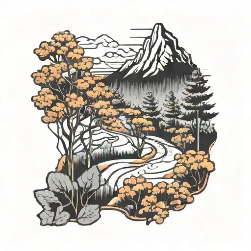 A Hiking Trail Winding Through A Forest Of Orange Trees With A Mountain Peak In The Distance