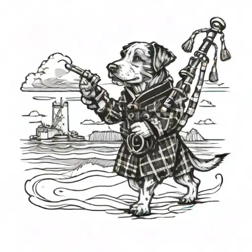 A Tattoo Design Of A Dog Wearing A Tartan Kilt And Playing Bagpipes On A Beach In Majorca