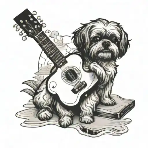 A Music-themed Tattoo Featuring A Shih-tzu Playing A Guitar On The Beach In Majorca