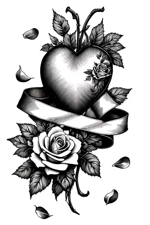 Heart With A Ribbon Wrapped Around It And Roses And Falling Rose Petals