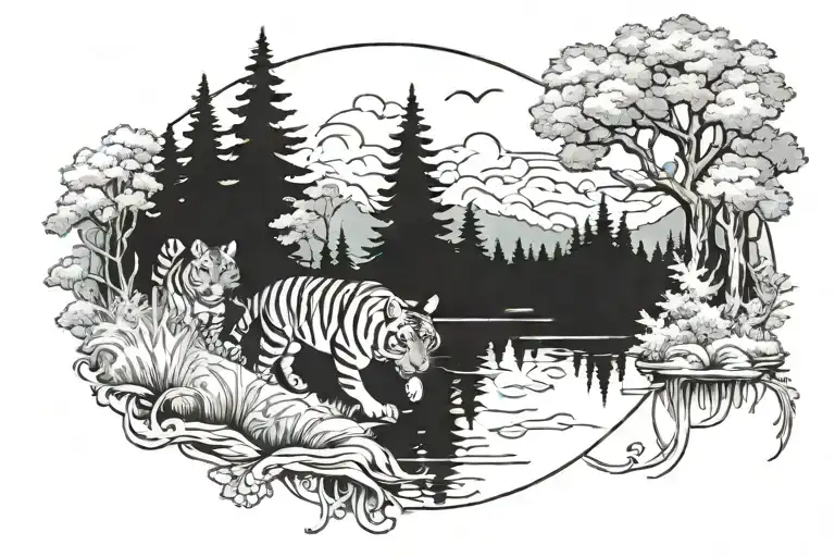 A Mystical Forest Scene With A Tiger And Fox Playing Together By A Serene Lake