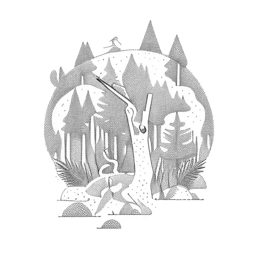 An Archery Target Surrounded By A Lush Forest With Birds Perched On The Trees