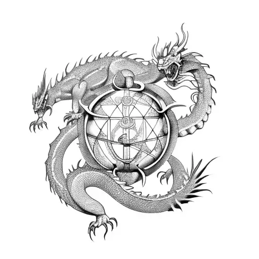 A Fierce Dragon Coiling Around A Traditional Chinese Armillary Sphere
