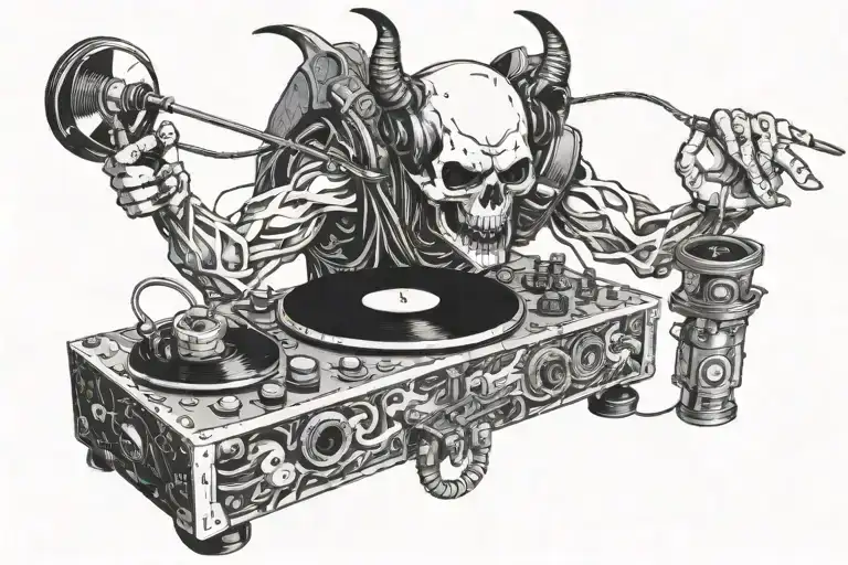 A Demon Dj Spinning Vinyl Records On A Turntable With A Skull Microphone In Hand