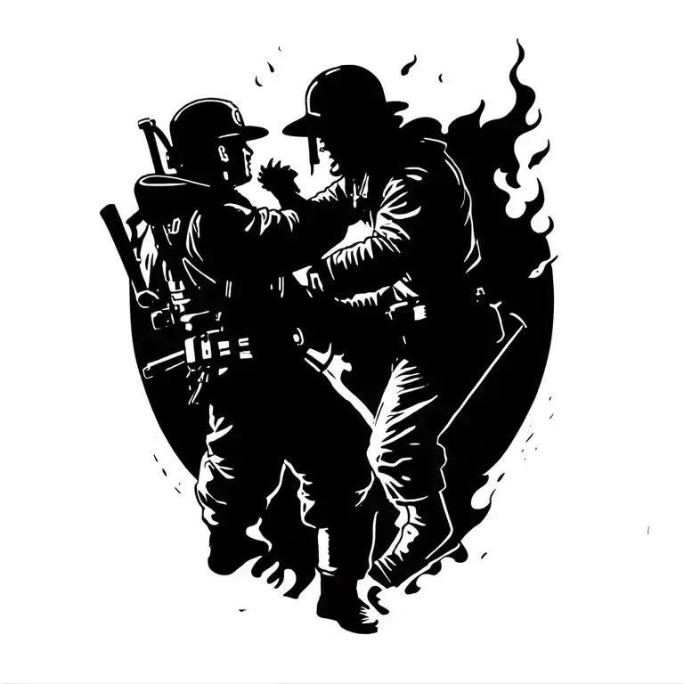 Camillero And Firefighter Fighting With Fires