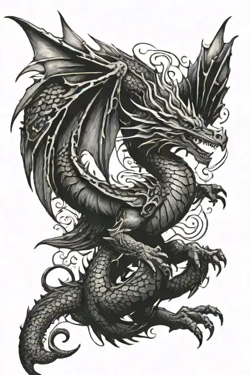 Realistic Dragon With Open Wings Spread The Body In Maori Style