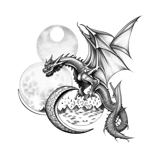 A Powerful Dragon Emerging From A Forest With A Crescent Moon In The Background