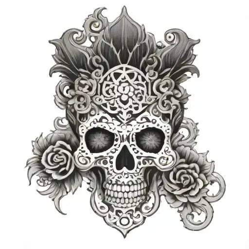 Ornate Black Work Tibetan Skull