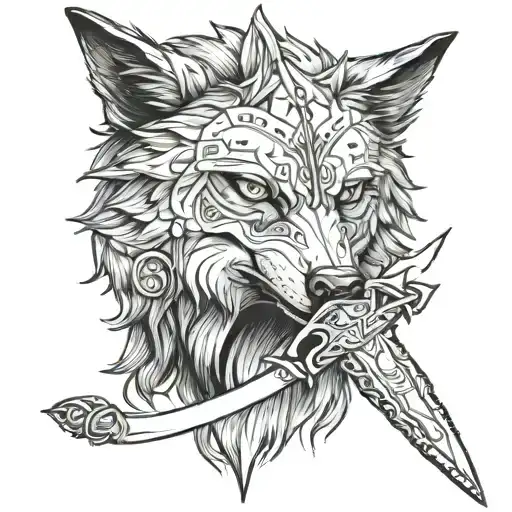 A Sketch Of An Alpha Wolf With A Sword In Its Eye Looking