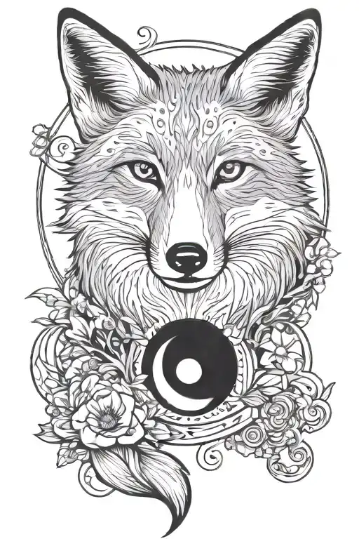 Realistic Fox With Moon And Sun