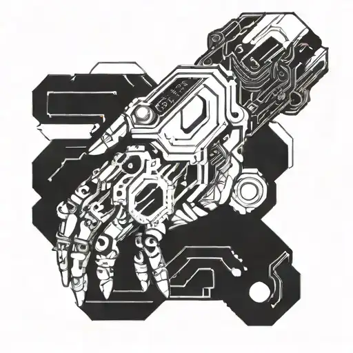 A Futuristic Cybernetic Arm With Circuit Patterns And Gaming Symbols Integrated Into The Design
