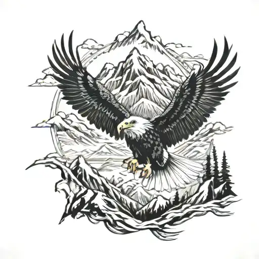 Bald Eagle Soaring And Wolf Face And Mountains