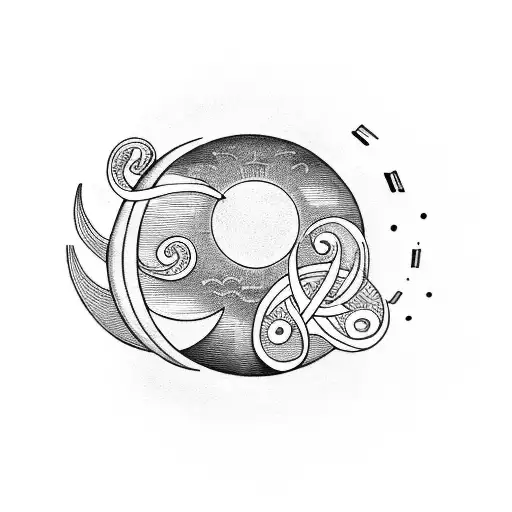 A Blackwork Tattoo Of A Moon And Sun Intertwined With Musical Notes