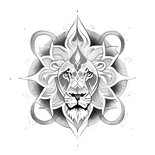 A Lion Surfing A Mandala-shaped Wave
