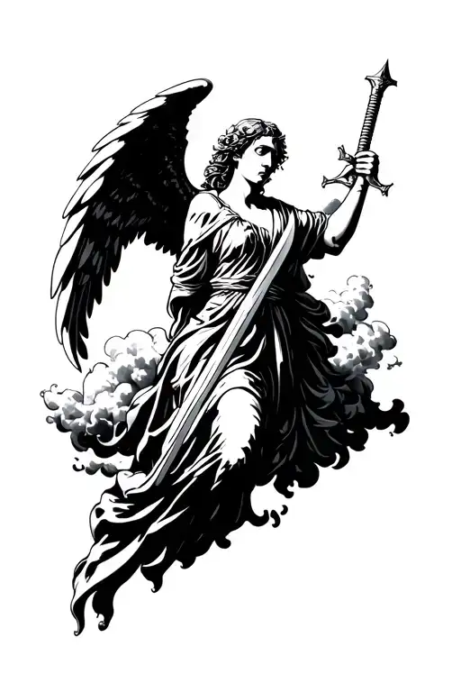 Angel Holding A Sword Falling From The Clouds