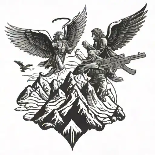 Angels With Guns Flying Over Mountain Range