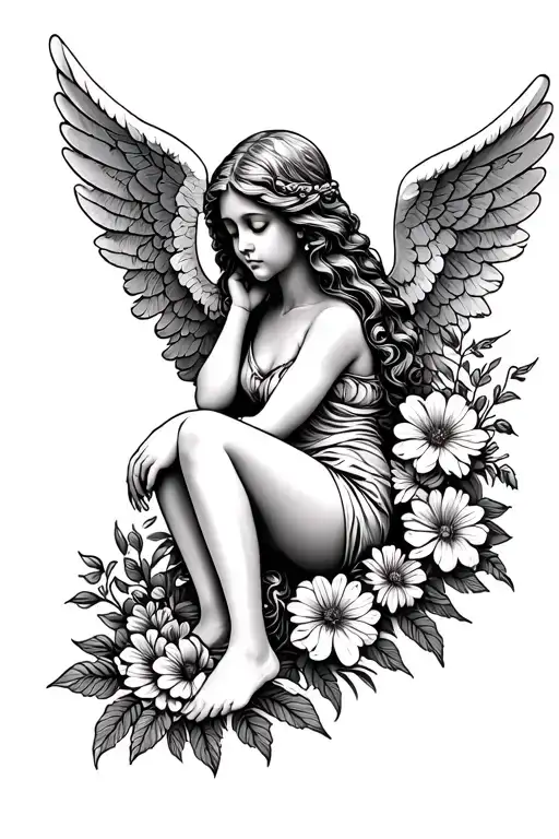 Stone Angel Girl Sitting On All Different Types Of Flowers