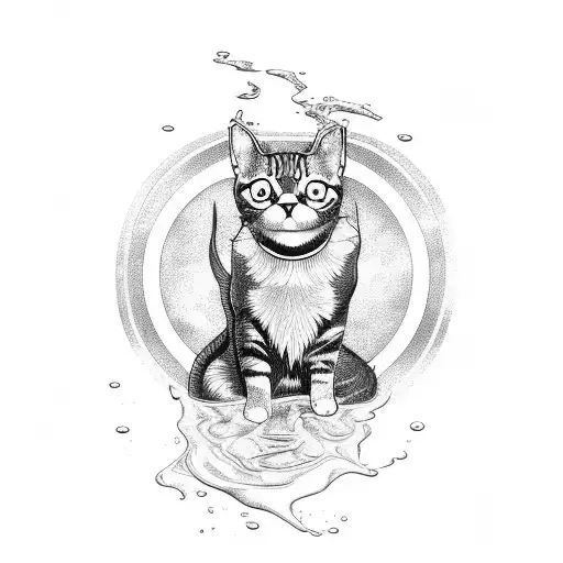 A Blackwork Tattoo Of A Cat With Water Ripples Flowing From Its Paws