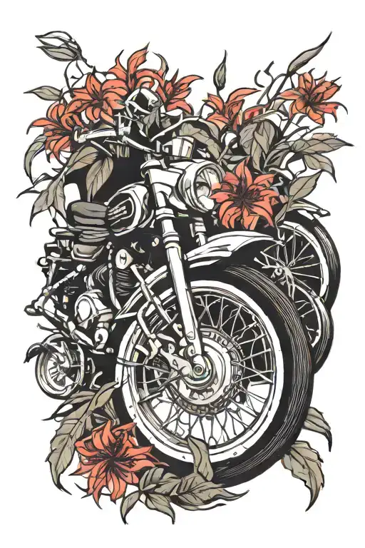 Harley Davidson Motorcycle Wheel Overgrown With Red Spider Lilies