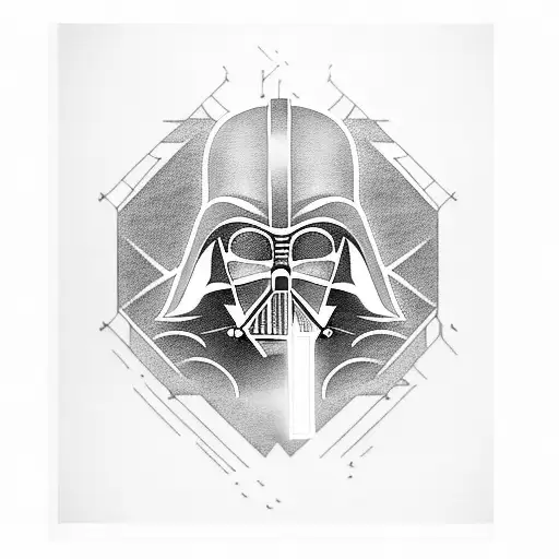 A Blackwork Tattoo Of Darth Vader's Helmet With Tolkien-inspired Elvish Script Surrounding It