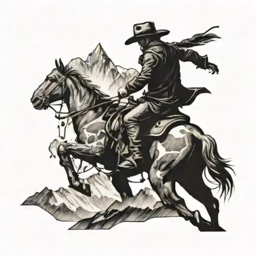 Mountains Viewed From Afar With A Cowboy On A Horse
