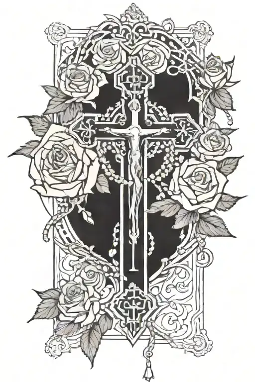 A Cross Entwined With A Rosary And Sketched Roses In The Background