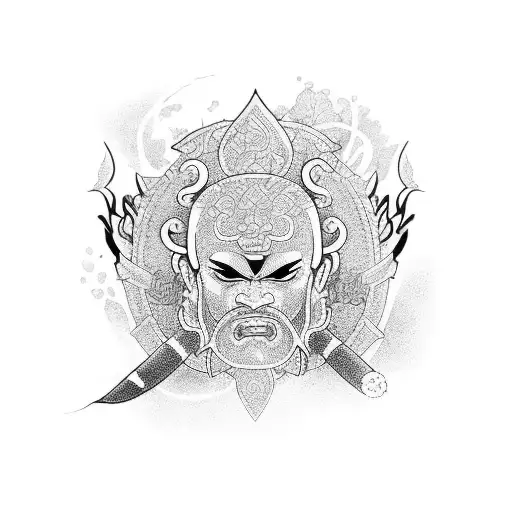 Samurai With Lotus Sakura And Fire