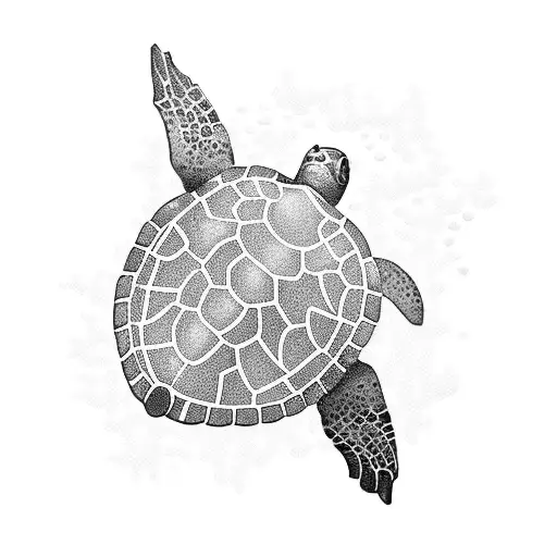 A Blackwork Tattoo Of A Turtle Swimming In Crystal Clear Waters With Colorful Coral Reefs Beneath