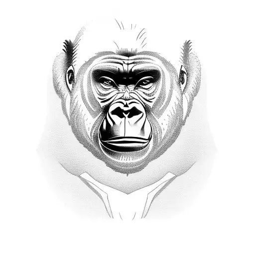 A Blackwork Tattoo Of A Gorilla With A Brain-shaped Hq Logo On Its Chest