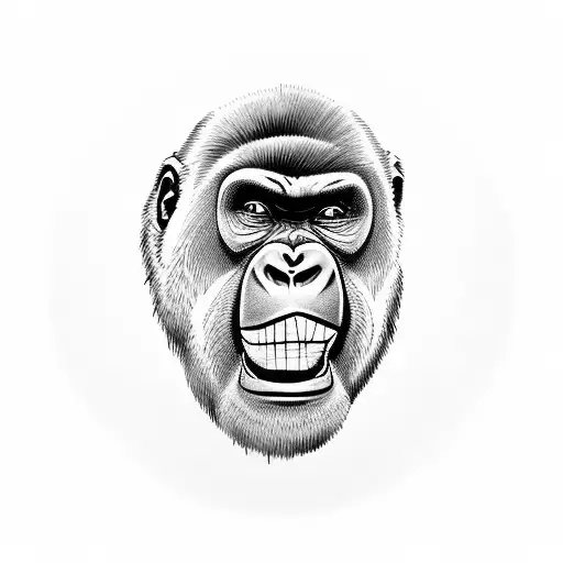 A Blackwork Tattoo Of A Gorilla Face With A Hq Dialog Balloon On His Mouth