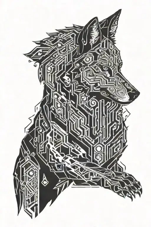 A Cybernetic Wolf With Glowing Circuit Patterns Integrated Into Its Fur