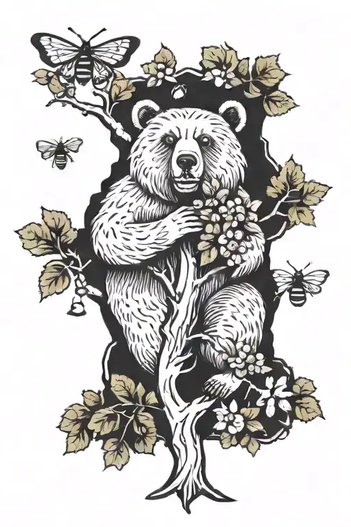 Tree With Bear And Bee Flying