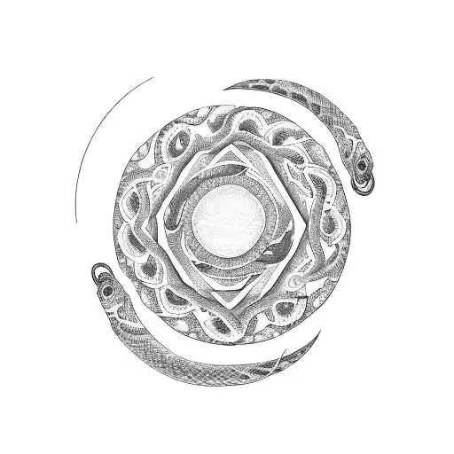 A Snake Coiled Around A Crescent Moon And Sun Mandala