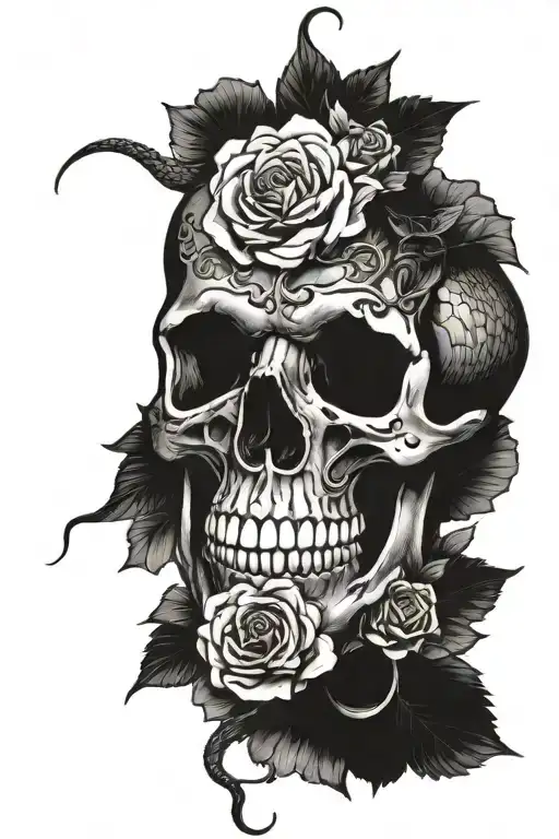 A Snake Going Through A Skull With Roses Blooming