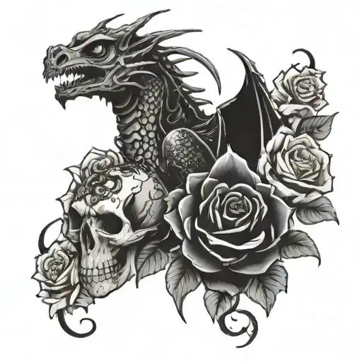 Dragon Holding A Skull And Roses With A Spider