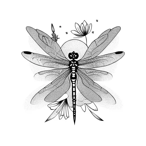 A Blackwork Tattoo Of A Dragonfly Surrounded By Flowers And The Word 'Energia'